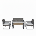 4-Piece Wicker Patio Conversation Set with Cushion, Outdoor Patio Furniture Set with Wood Table Top-Grey Cushions