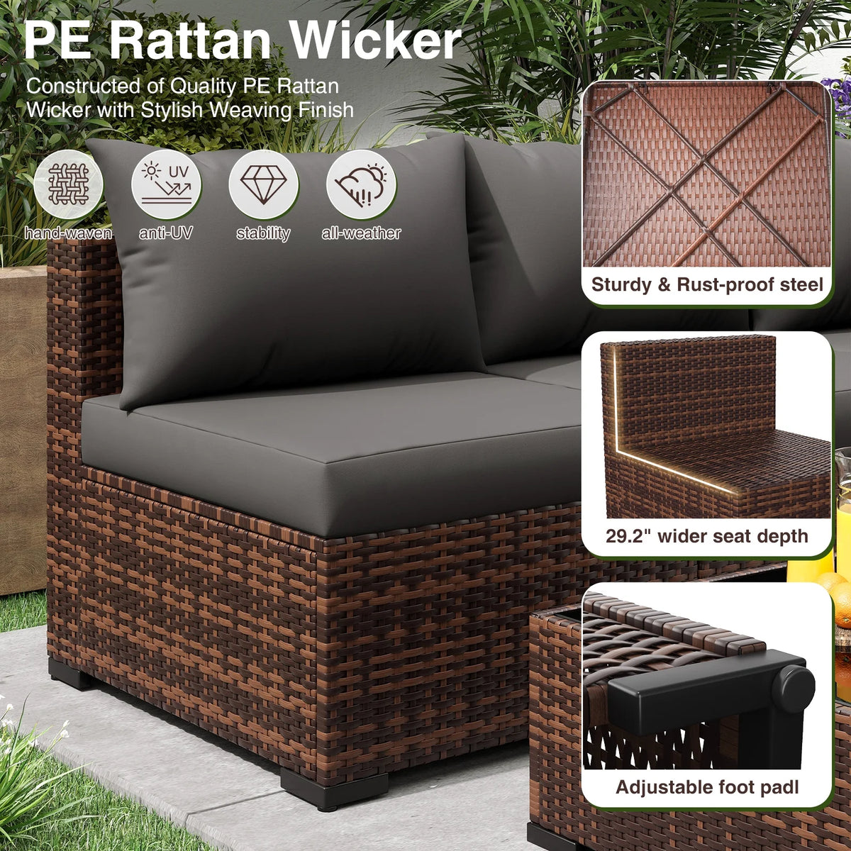 Patio Furniture Set, Outdoor Patio Furniture Wicker Furniture Couch Set, 7 Pieces Outdoor Sectional Sofa, Patio Furniture Set, Outdoor Patio Set for Home Furniture (Grey)