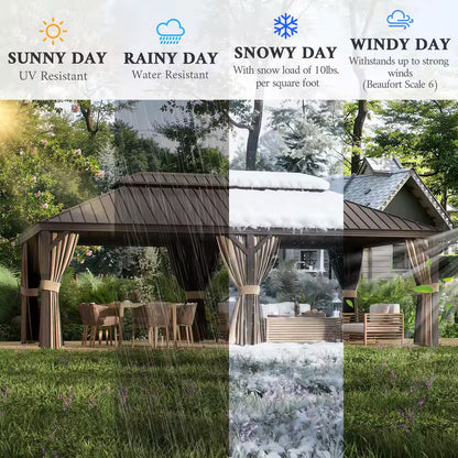 12 Ft. X 22 Ft. Double Galvanized Steel Roof Aluminum Frame Outdoor Patio Hardtop Gazebo with Netting and Curtains