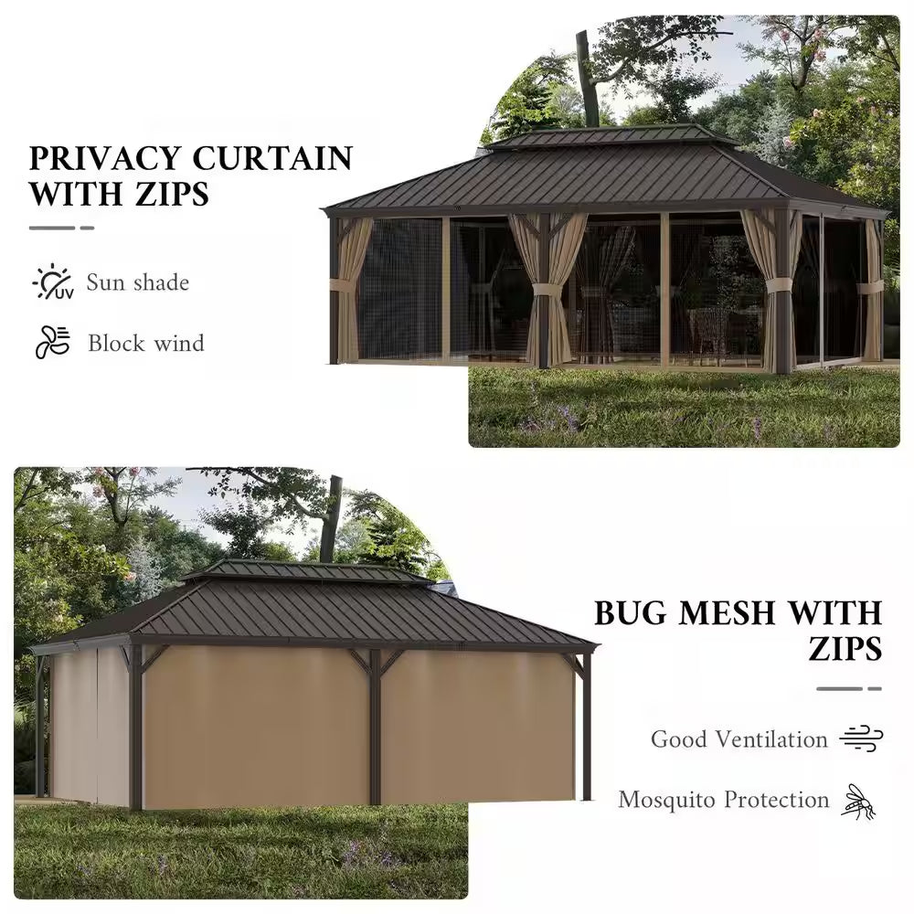12 Ft. X 22 Ft. Double Galvanized Steel Roof Aluminum Frame Outdoor Patio Hardtop Gazebo with Netting and Curtains