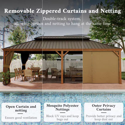 14 Ft. X 22 Ft. Double Galvanized Steel Roof Aluminum Wood-Looking Frame Outdoor Patio Hardtop Gazeb