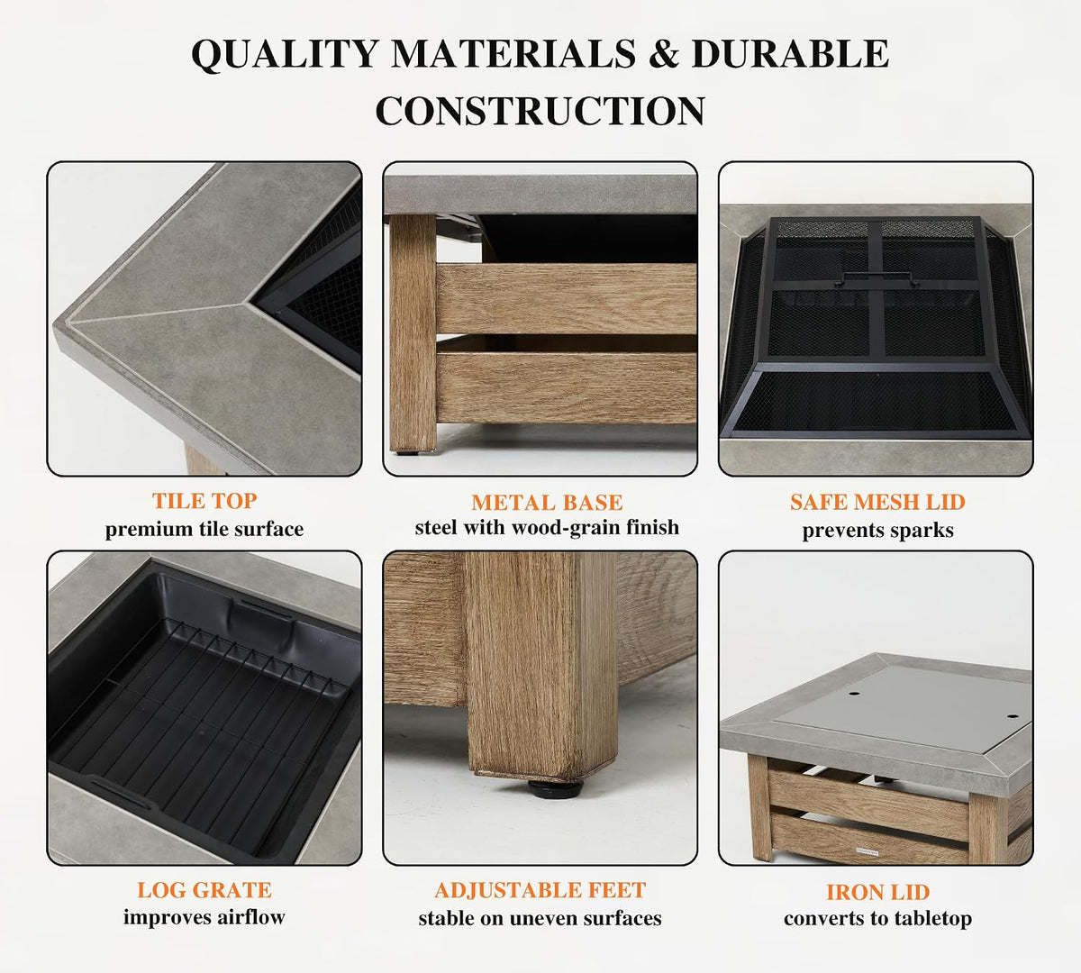 34" Wood Burning Fire Pit, Outdoor Fire Pit Table for Patio Backyard Garden, Large Square Fire Pit for Outside, Metal Firepit with Removable Lid, Mesh Cover, Poker