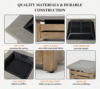 34" Wood Burning Fire Pit, Outdoor Fire Pit Table for Patio Backyard Garden, Large Square Fire Pit for Outside, Metal Firepit with Removable Lid, Mesh Cover, Poker