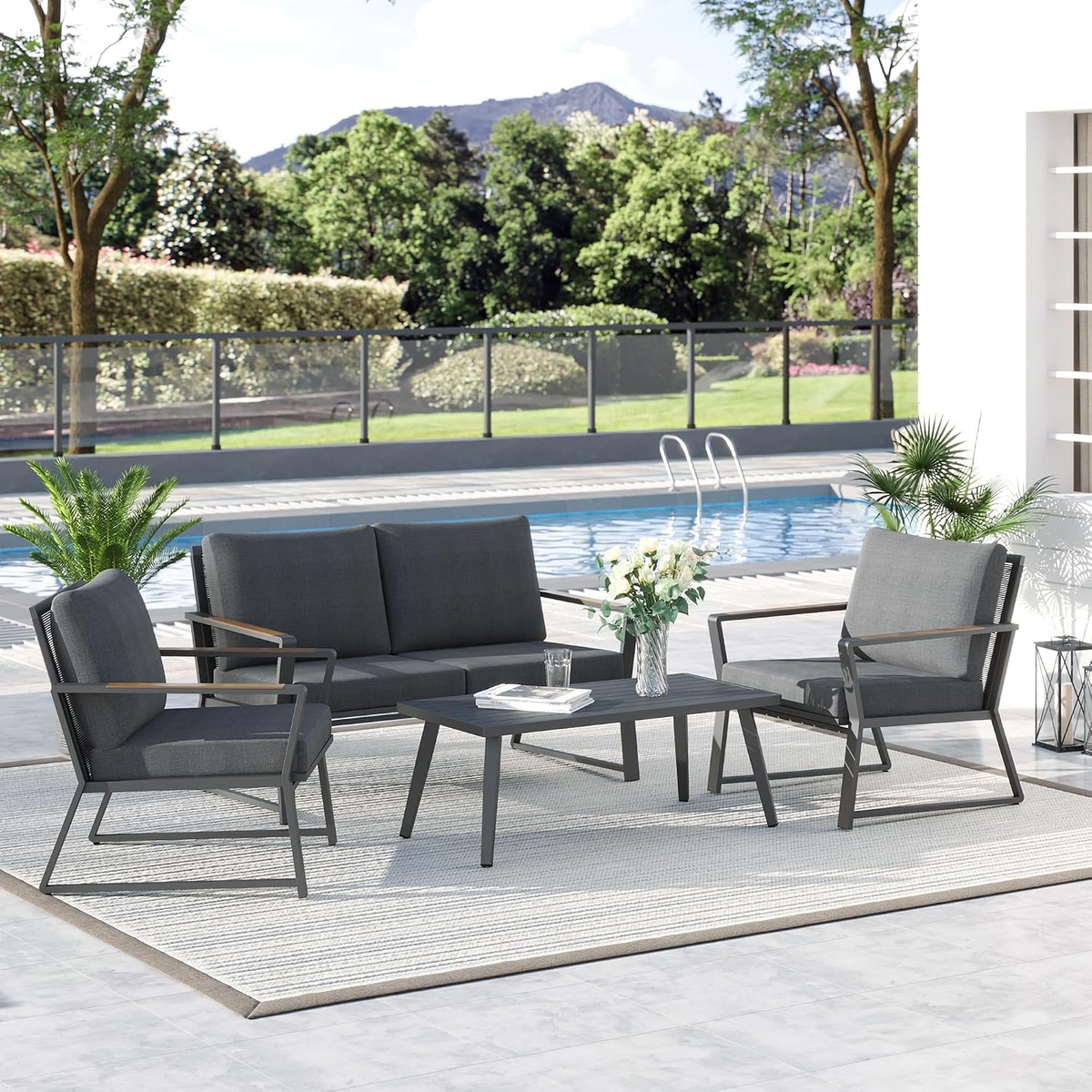 4 Piece Patio Furniture Set, Aluminum Conversation Set, Dark Grey