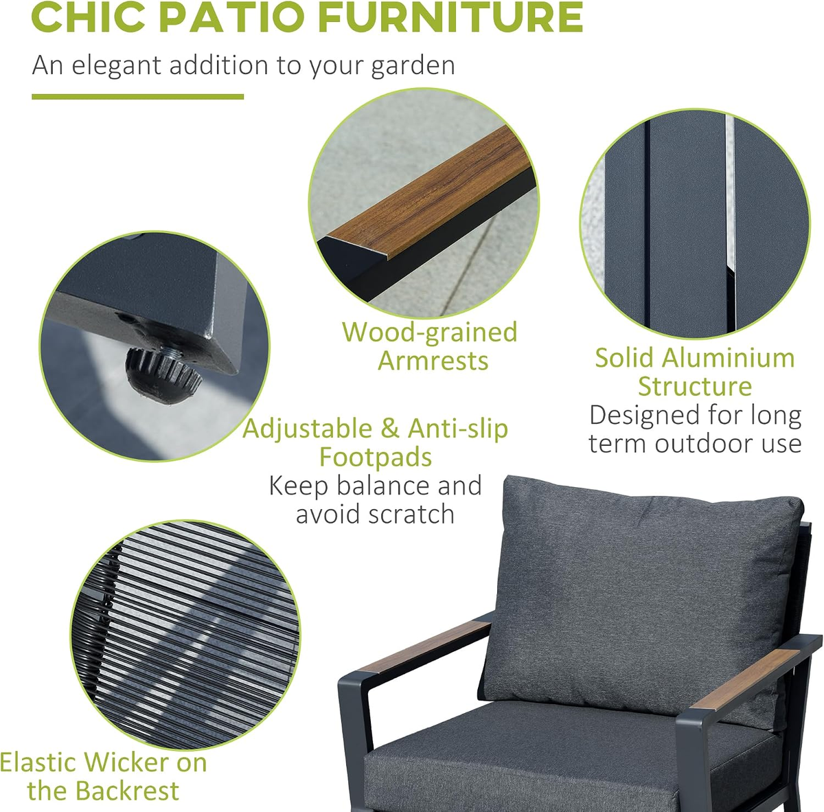 4 Piece Patio Furniture Set, Aluminum Conversation Set, Dark Grey