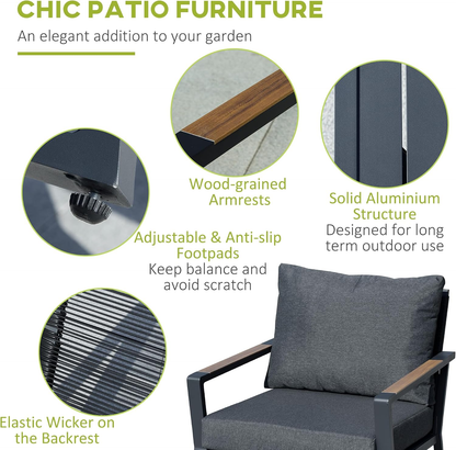 4 Piece Patio Furniture Set, Aluminum Conversation Set, Dark Grey