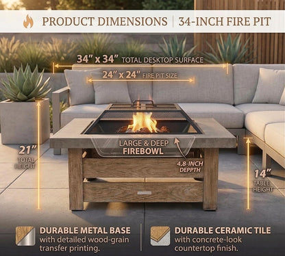 34" Wood Burning Fire Pit, Outdoor Fire Pit Table for Patio Backyard Garden, Large Square Fire Pit for Outside, Metal Firepit with Removable Lid, Mesh Cover, Poker