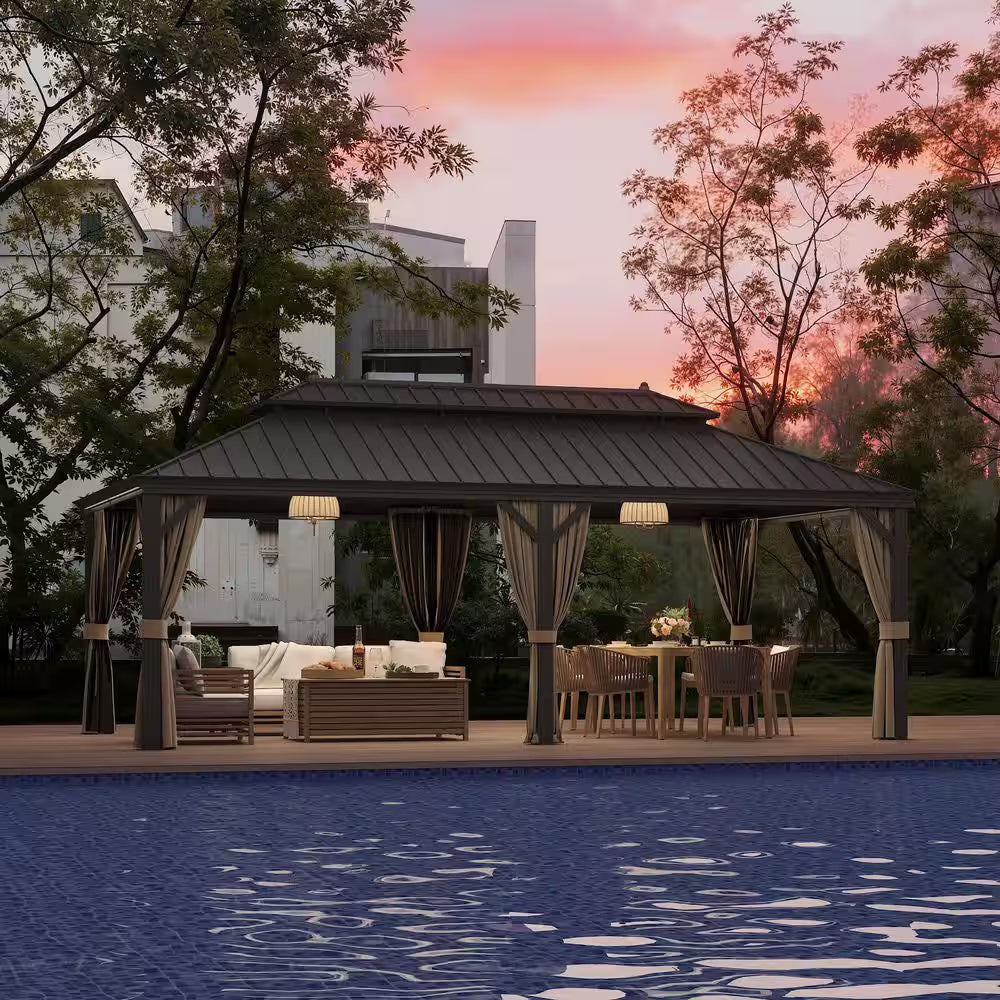 12 Ft. X 22 Ft. Double Galvanized Steel Roof Aluminum Frame Outdoor Patio Hardtop Gazebo with Netting and Curtains