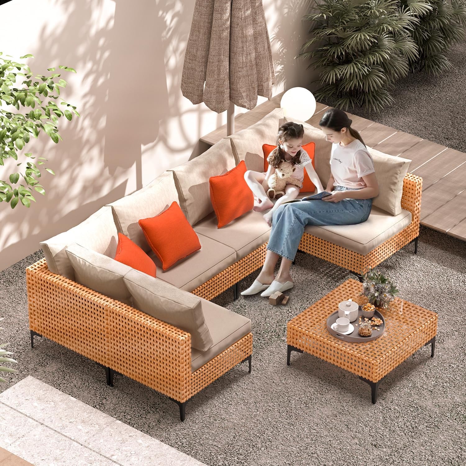 5 Piece Outdoor Patio Furniture Set Modular Outdoor Furniture Set Wicker Outdoor Sectional Sofa with Cushions and Table Patio Set for Balcony Porch Deck Yard ( (Salmon&Orange Wicker, Sand Cushion))