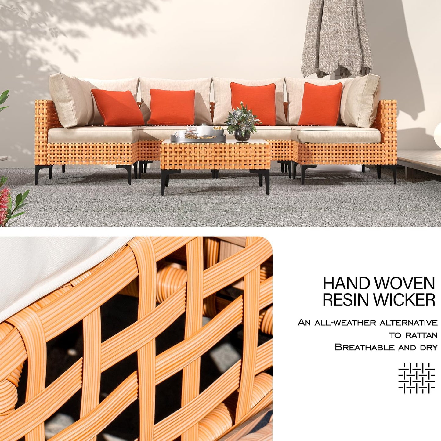 5 Piece Outdoor Patio Furniture Set Modular Outdoor Furniture Set Wicker Outdoor Sectional Sofa with Cushions and Table Patio Set for Balcony Porch Deck Yard ( (Salmon&Orange Wicker, Sand Cushion))