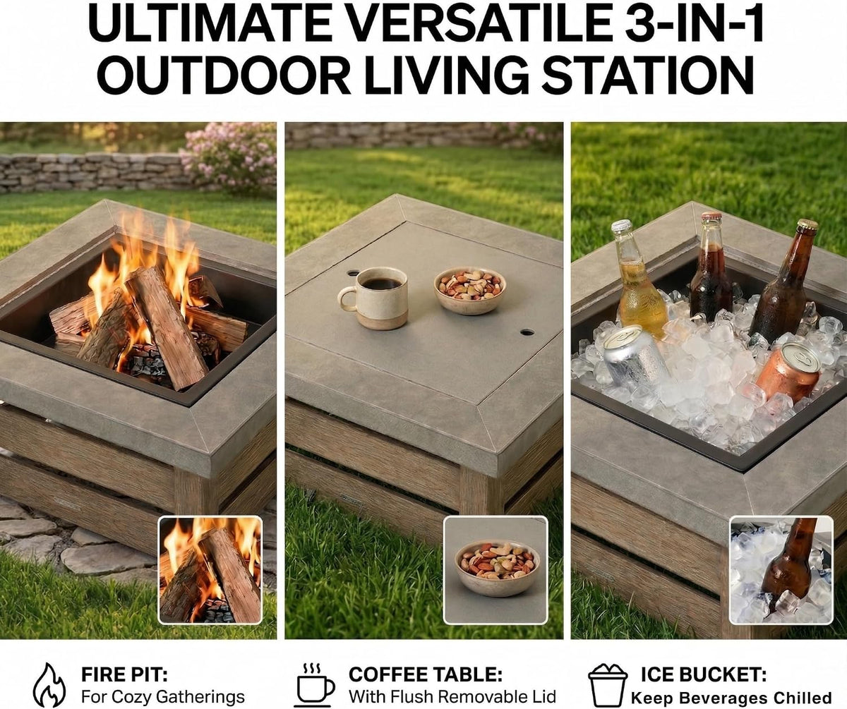 34" Wood Burning Fire Pit, Outdoor Fire Pit Table for Patio Backyard Garden, Large Square Fire Pit for Outside, Metal Firepit with Removable Lid, Mesh Cover, Poker