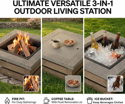 34" Wood Burning Fire Pit, Outdoor Fire Pit Table for Patio Backyard Garden, Large Square Fire Pit for Outside, Metal Firepit with Removable Lid, Mesh Cover, Poker