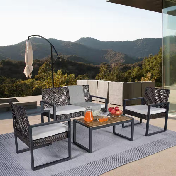 4-Piece Wicker Patio Conversation Set with Cushion, Outdoor Patio Furniture Set with Wood Table Top-Grey Cushions