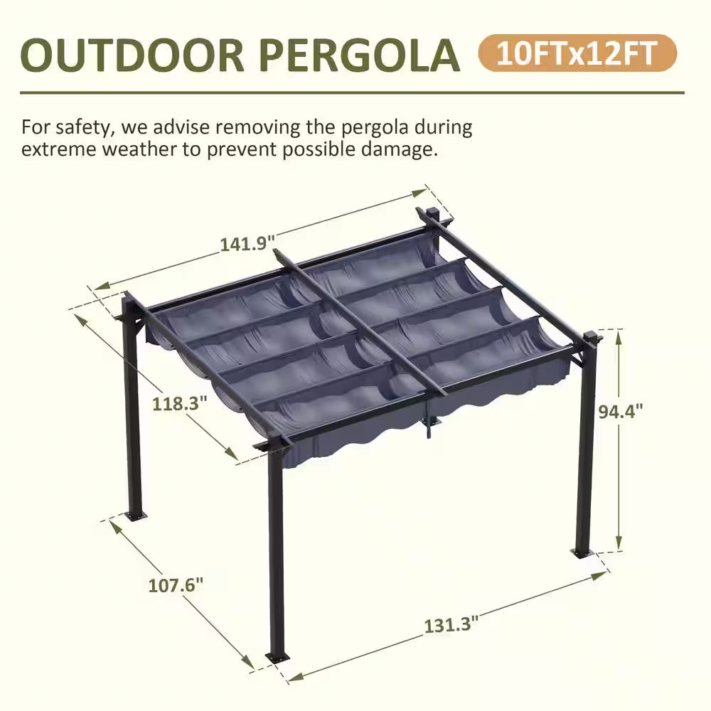 10 Ft. W X 12 Ft. D Gray Outdoor Patio Pergola with Retractable Sun Shade Canopy Cover