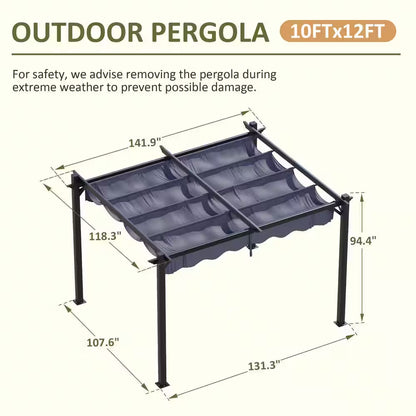 10 Ft. W X 12 Ft. D Gray Outdoor Patio Pergola with Retractable Sun Shade Canopy Cover