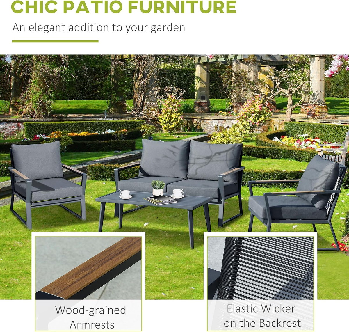 4 Piece Patio Furniture Set, Aluminum Conversation Set, Dark Grey