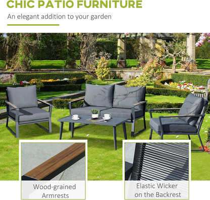 4 Piece Patio Furniture Set, Aluminum Conversation Set, Dark Grey