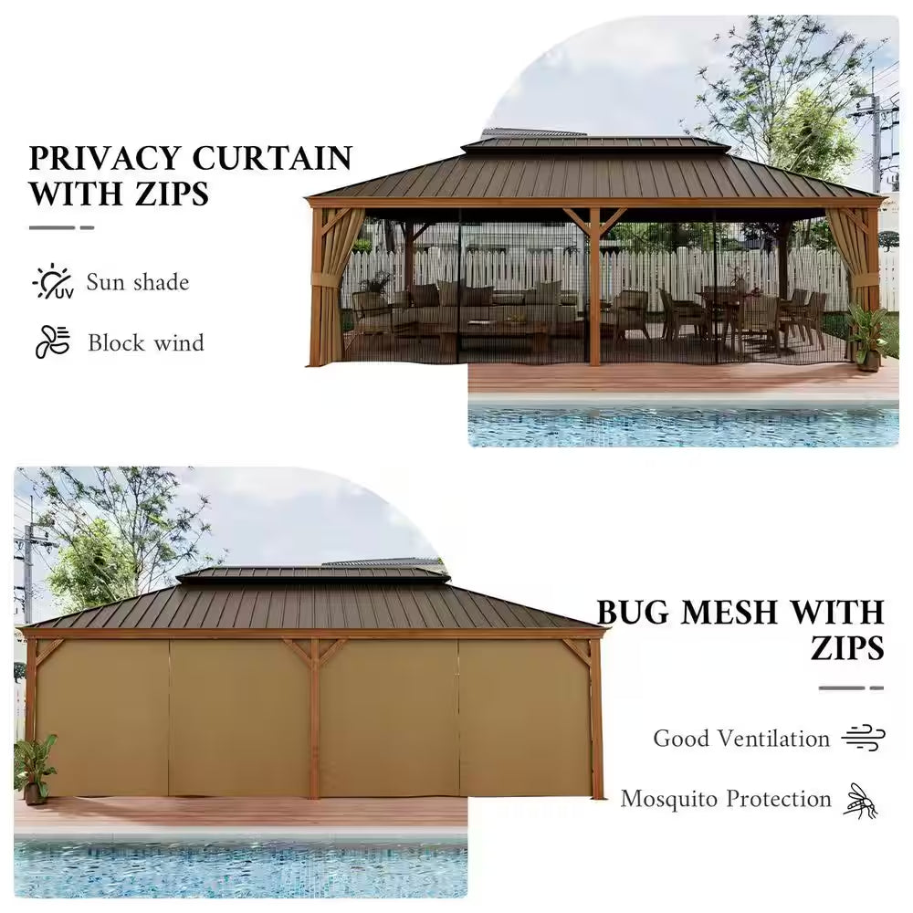 14 Ft. X 22 Ft. Double Galvanized Steel Roof Aluminum Wood-Looking Frame Outdoor Patio Hardtop Gazeb