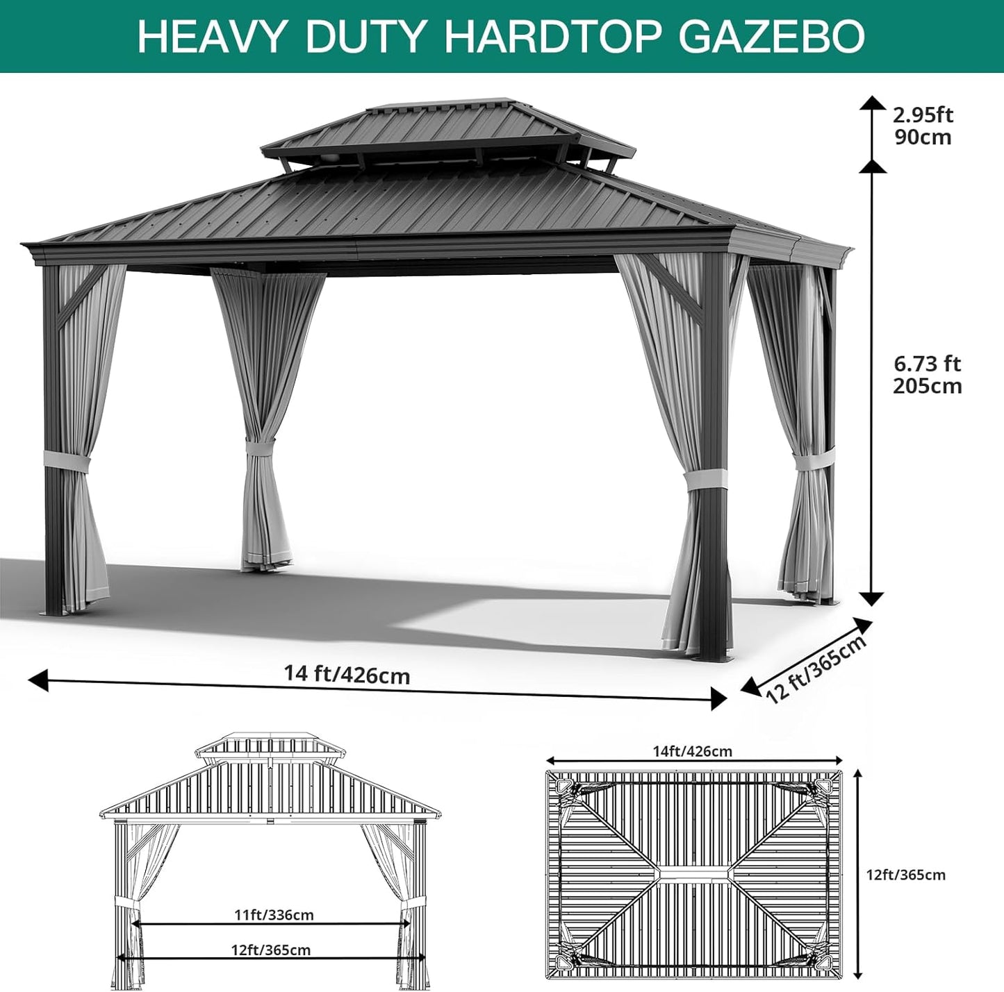 12'X14' Hardtop Gazebo, Heavy Duty Aluminum Permanent Hardtop Gazebo Outdoor Pavilion with Curtains and Netting for Garden