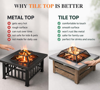 34" Wood Burning Fire Pit, Outdoor Fire Pit Table for Patio Backyard Garden, Large Square Fire Pit for Outside, Metal Firepit with Removable Lid, Mesh Cover, Poker