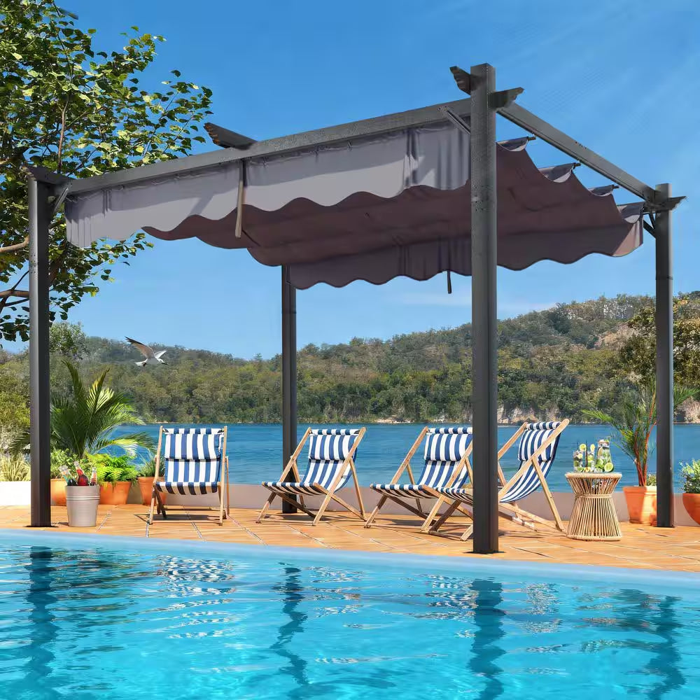 10 Ft. W X 12 Ft. D Gray Outdoor Patio Pergola with Retractable Sun Shade Canopy Cover