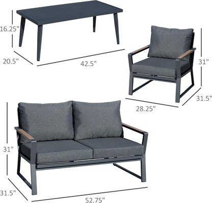 4 Piece Patio Furniture Set, Aluminum Conversation Set, Dark Grey