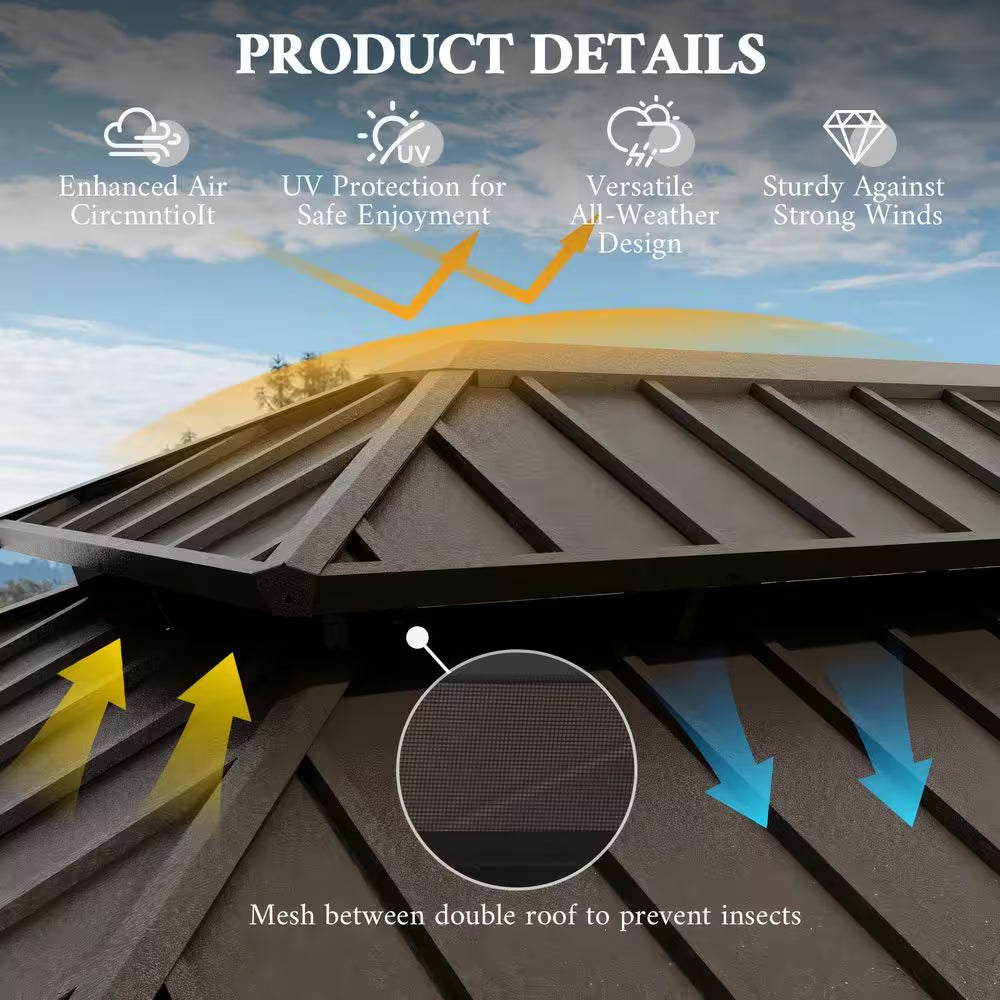 14 Ft. X 22 Ft. Double Galvanized Steel Roof Aluminum Wood-Looking Frame Outdoor Patio Hardtop Gazeb