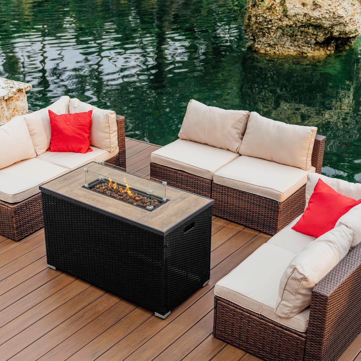 43 Inch Fire Pit for Outdoor - 50,000 BTU Outdoor Propane Fire Pit Table with Lid, Rain Cover & Lava Rocks - Patio Fire Pit Table with Tempered Glass for Backyard Gatherings - Black