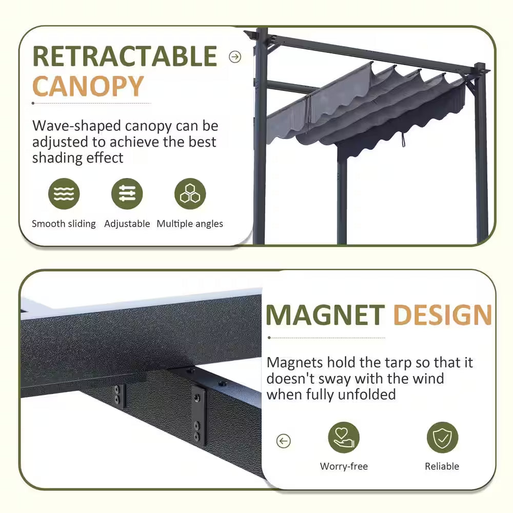 10 Ft. W X 12 Ft. D Gray Outdoor Patio Pergola with Retractable Sun Shade Canopy Cover