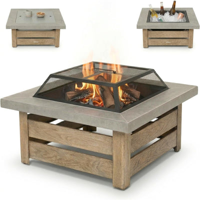 34" Wood Burning Fire Pit, Outdoor Fire Pit Table for Patio Backyard Garden, Large Square Fire Pit for Outside, Metal Firepit with Removable Lid, Mesh Cover, Poker