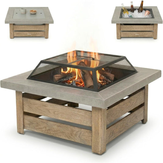 34" Wood Burning Fire Pit, Outdoor Fire Pit Table for Patio Backyard Garden, Large Square Fire Pit for Outside, Metal Firepit with Removable Lid, Mesh Cover, Poker