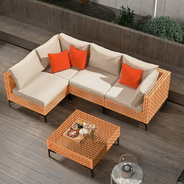 5 Piece Outdoor Patio Furniture Set Modular Outdoor Furniture Set Wicker Outdoor Sectional Sofa with Cushions and Table Patio Set for Balcony Porch Deck Yard ( (Salmon&Orange Wicker, Sand Cushion))