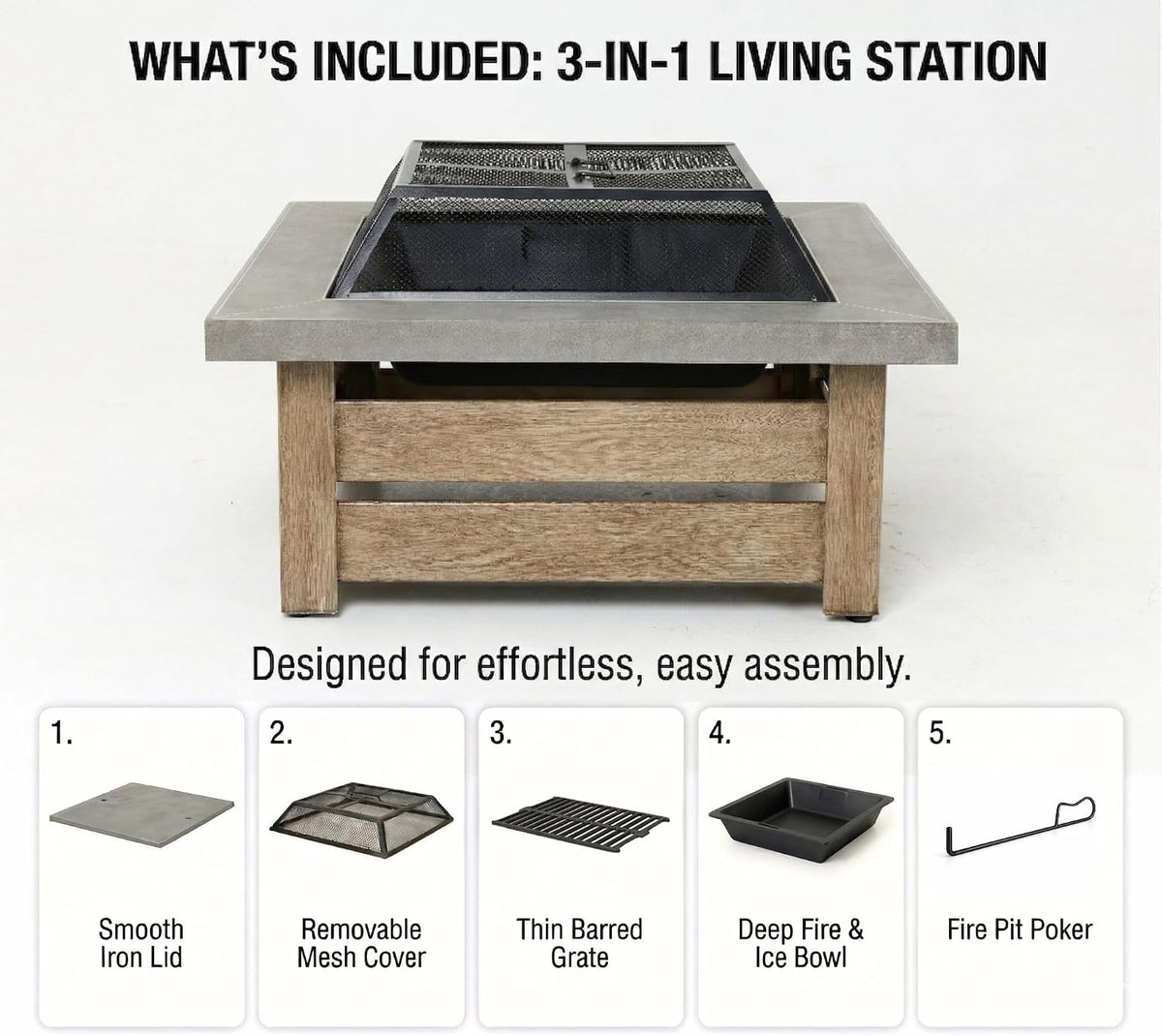 34" Wood Burning Fire Pit, Outdoor Fire Pit Table for Patio Backyard Garden, Large Square Fire Pit for Outside, Metal Firepit with Removable Lid, Mesh Cover, Poker