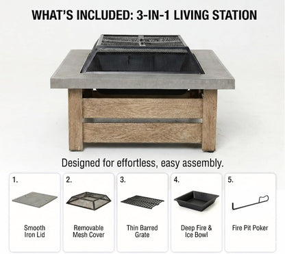 34" Wood Burning Fire Pit, Outdoor Fire Pit Table for Patio Backyard Garden, Large Square Fire Pit for Outside, Metal Firepit with Removable Lid, Mesh Cover, Poker