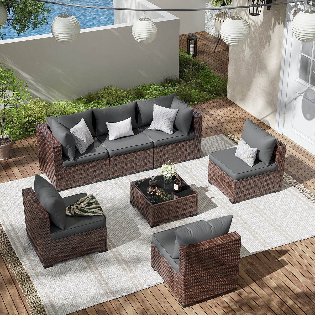 Patio Furniture Set, Outdoor Patio Furniture Wicker Furniture Couch Set, 7 Pieces Outdoor Sectional Sofa, Patio Furniture Set, Outdoor Patio Set for Home Furniture (Grey)