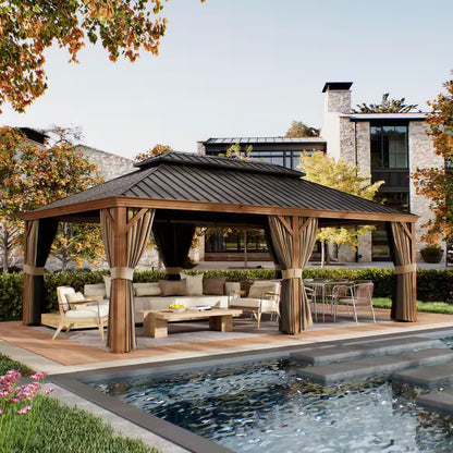 14 Ft. X 22 Ft. Double Galvanized Steel Roof Aluminum Wood-Looking Frame Outdoor Patio Hardtop Gazeb