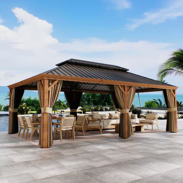 14 Ft. X 22 Ft. Double Galvanized Steel Roof Aluminum Wood-Looking Frame Outdoor Patio Hardtop Gazeb