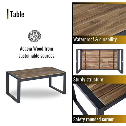 4-Piece Wicker Patio Conversation Set with Cushion, Outdoor Patio Furniture Set with Wood Table Top-Grey Cushions