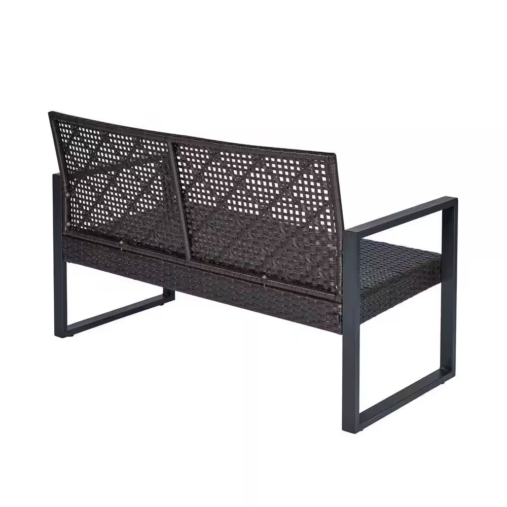 4-Piece Wicker Patio Conversation Set with Cushion, Outdoor Patio Furniture Set with Wood Table Top-Grey Cushions