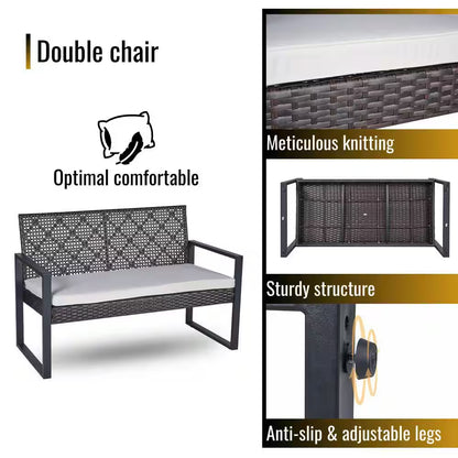 4-Piece Wicker Patio Conversation Set with Cushion, Outdoor Patio Furniture Set with Wood Table Top-Grey Cushions