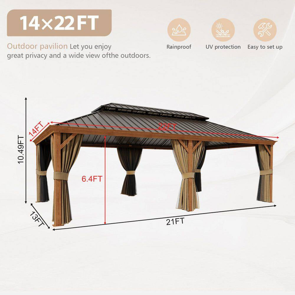 14 Ft. X 22 Ft. Double Galvanized Steel Roof Aluminum Wood-Looking Frame Outdoor Patio Hardtop Gazeb