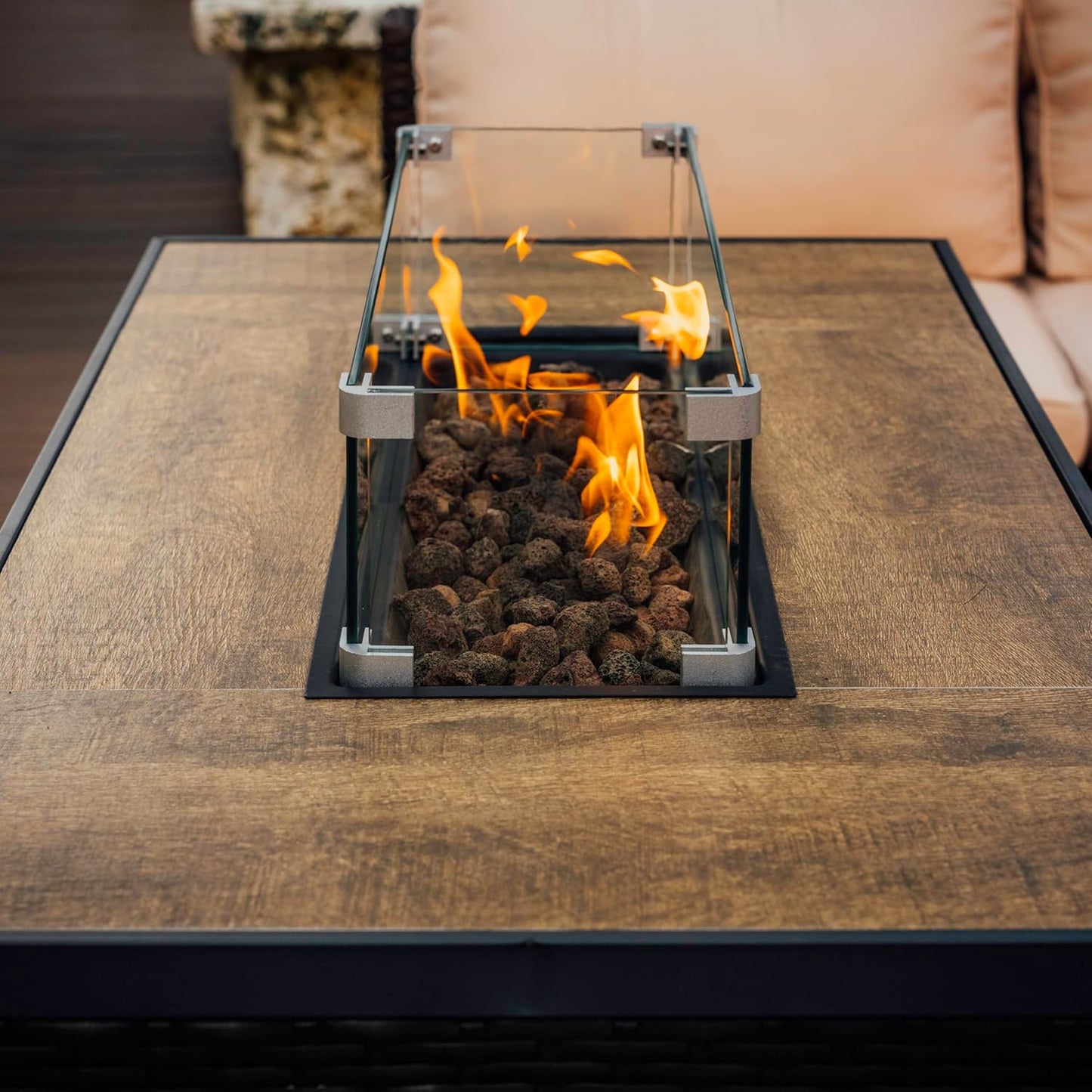43 Inch Fire Pit for Outdoor - 50,000 BTU Outdoor Propane Fire Pit Table with Lid, Rain Cover & Lava Rocks - Patio Fire Pit Table with Tempered Glass for Backyard Gatherings - Black