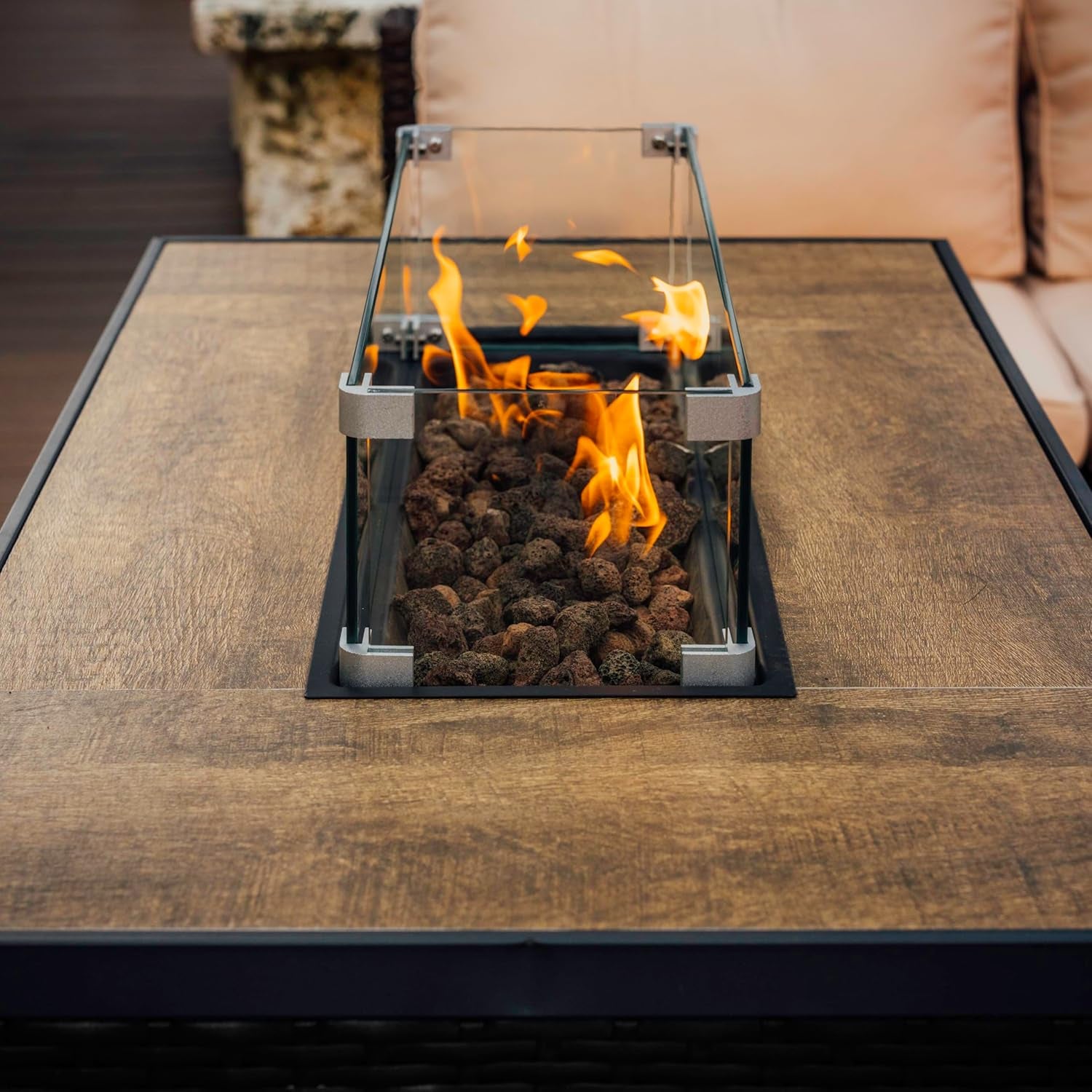 43 Inch Fire Pit for Outdoor - 50,000 BTU Outdoor Propane Fire Pit Table with Lid, Rain Cover & Lava Rocks - Patio Fire Pit Table with Tempered Glass for Backyard Gatherings - Black
