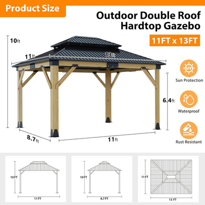 11X13Ft Wood Gazebo, Outdoor Wooden Gazebo with Glavanized Steel Double Roof, Hardtop Gazebos for Garden, Patio, Deck, Backyard
