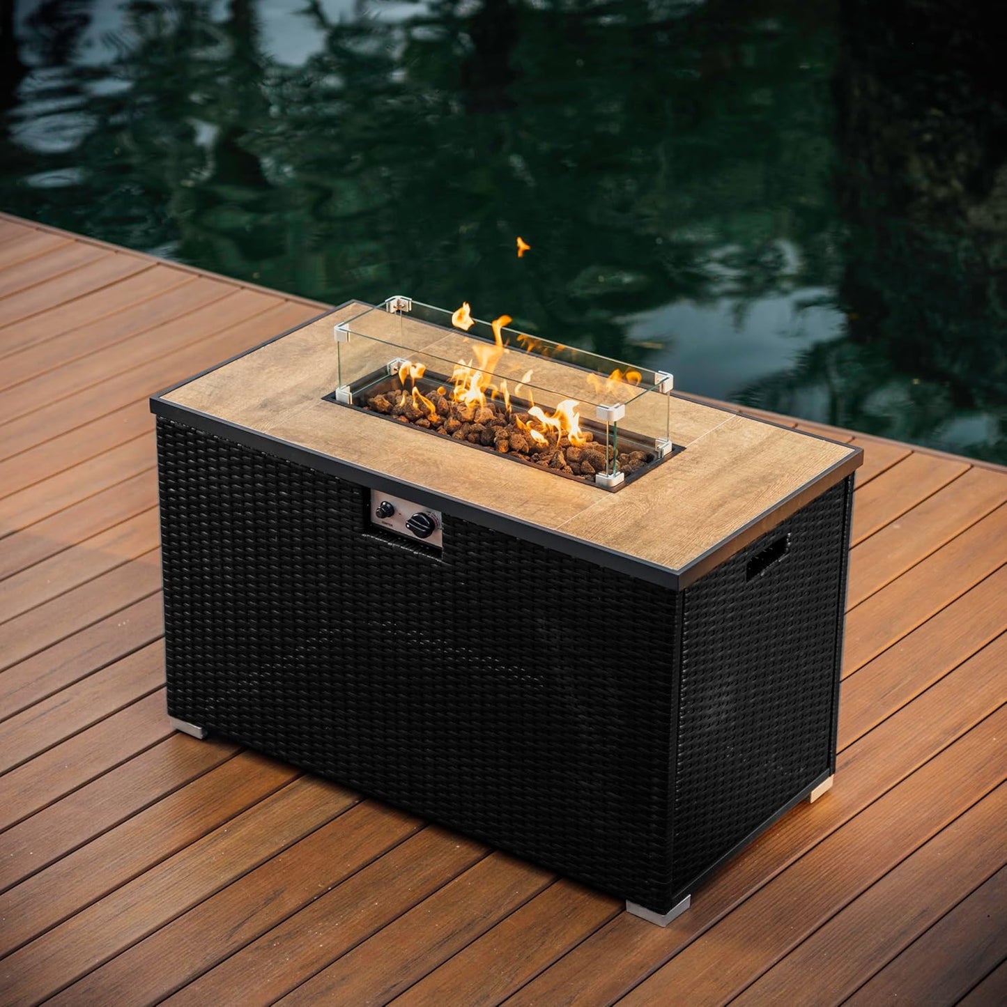 43 Inch Fire Pit for Outdoor - 50,000 BTU Outdoor Propane Fire Pit Table with Lid, Rain Cover & Lava Rocks - Patio Fire Pit Table with Tempered Glass for Backyard Gatherings - Black