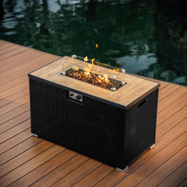 43 Inch Fire Pit for Outdoor - 50,000 BTU Outdoor Propane Fire Pit Table with Lid, Rain Cover & Lava Rocks - Patio Fire Pit Table with Tempered Glass for Backyard Gatherings - Black