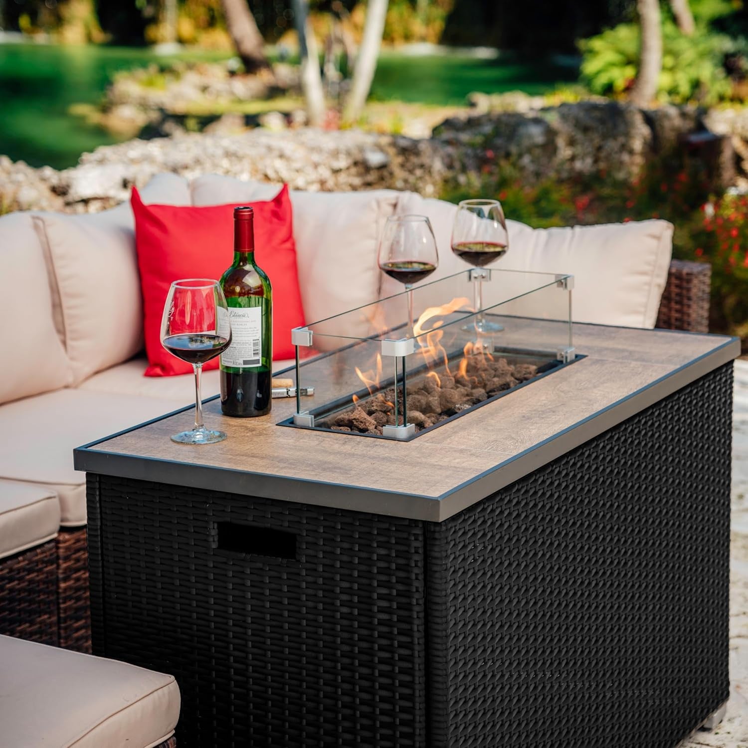 43 Inch Fire Pit for Outdoor - 50,000 BTU Outdoor Propane Fire Pit Table with Lid, Rain Cover & Lava Rocks - Patio Fire Pit Table with Tempered Glass for Backyard Gatherings - Black