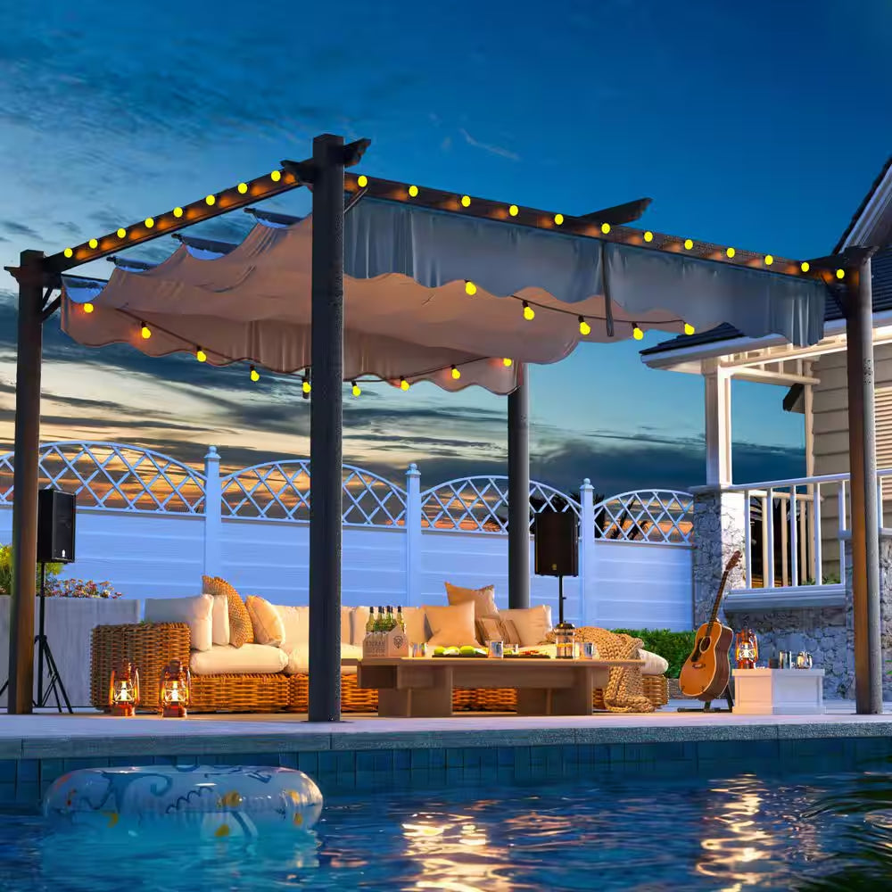 10 Ft. W X 12 Ft. D Gray Outdoor Patio Pergola with Retractable Sun Shade Canopy Cover