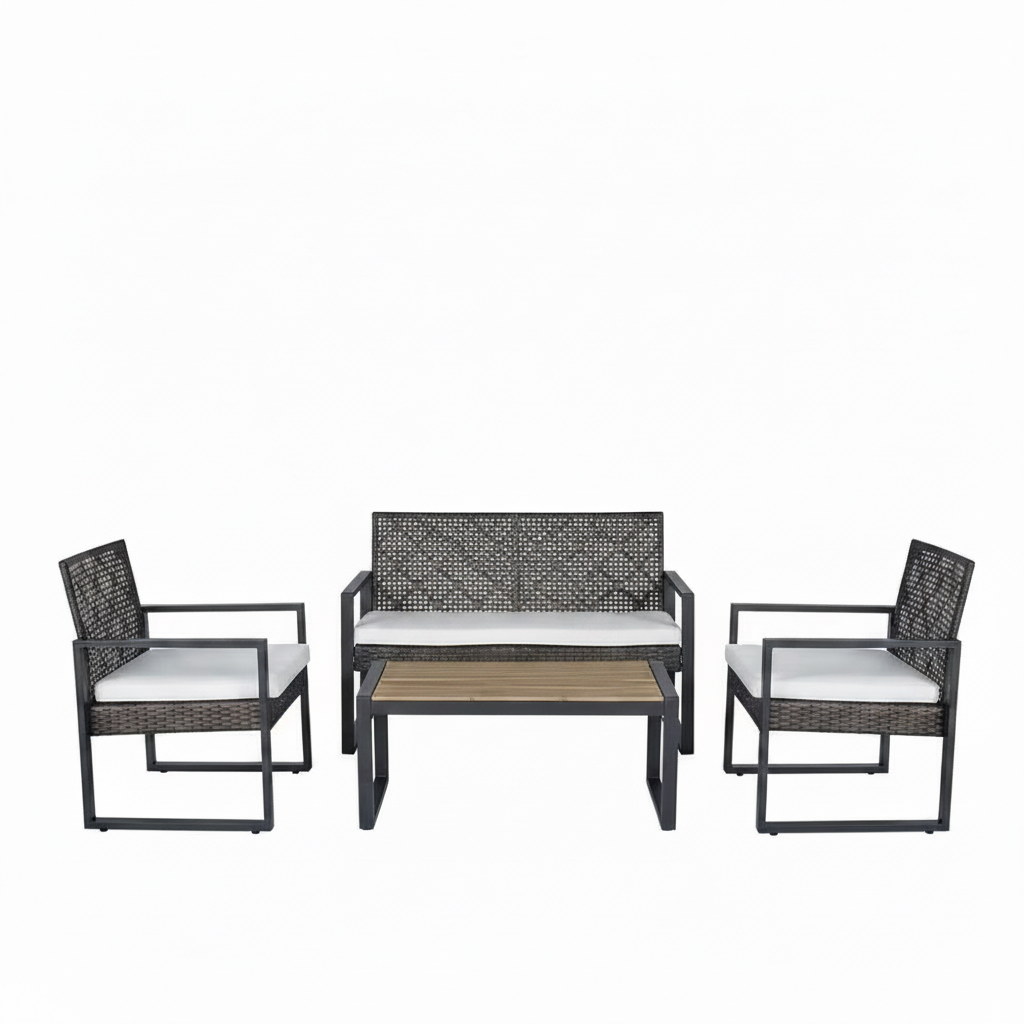 4-Piece Wicker Patio Conversation Set with Cushion, Outdoor Patio Furniture Set with Wood Table Top-Grey Cushions