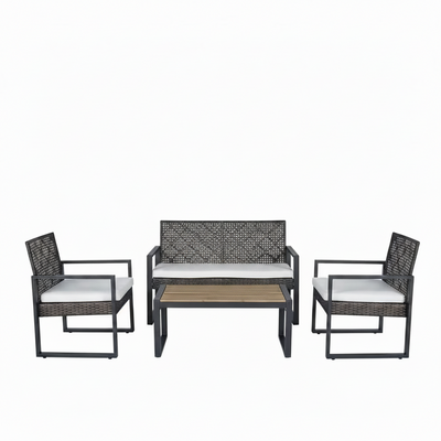 4-Piece Wicker Patio Conversation Set with Cushion, Outdoor Patio Furniture Set with Wood Table Top-Grey Cushions